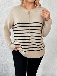 SHEIN LUNE Plus Size Women Stripe Round Neck Drop Shoulder Long Sleeve Casual Knit Pullover Sweater, Autumn/Winter Knit Pullover Fall Outfit