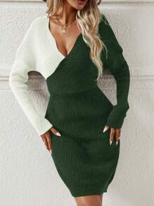 SHEIN LUNE 女士拼色 V 领优雅长袖针织毛衣连衣裙