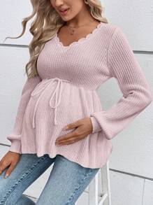 SHEIN Maternity Casual Ruffle Collar Lantern Sleeve Bowknot Waist Sweater, For Winter