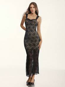 Glamine Glamour Damen elegantes figurbetontes Spitzen-Kontrast Schlitz-Trägerkleid