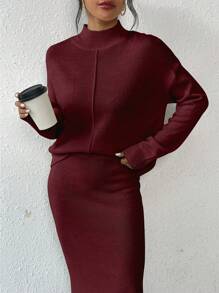 RosyDaze Conjunto de suéter holgado de cuello de capucha y falda de unicolor casual para mujer, otoño/invierno - Burdeos - Ver 6