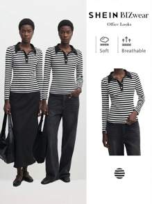 BizChic Striped Long Sleeve T-Shirt, Casual Fashion Commuter Tops, Elegant Thanksgiving & Christmas Clothing For Women - Black and White - View 1