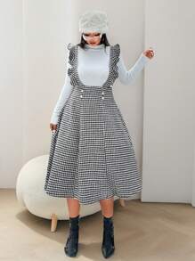 Celure Vestido de peto elegante de talla grande para mujer con estampado de pata de gallo y contraste de color