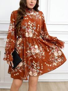 SHEIN Clasi Plus Size Elegant Floral Print Cinched Waist Dress, Autumn - Rust Brown - View 4