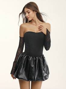 Glamine Women's Sexy Contrast Mesh Tube Bandeau Bodysuit With Arm Sleeves & Choker, Christmas Party Outfit, For New Year's Eve Celebrations - Black - View 5