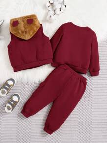 SHEIN 3-Piece Set: Baby Burgundy Cute Bear Graphic Long Sleeve Hoodie, Pants And Fleece Vest, Unisex - Burgundy - View 2