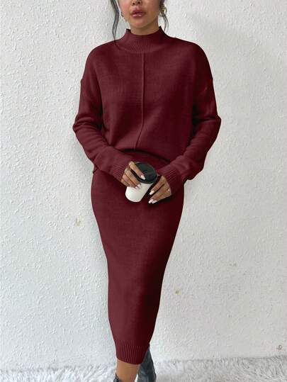 RosyDaze 女式纯色休闲宽松围脖领落肩毛衣搭配裙子套装，秋冬