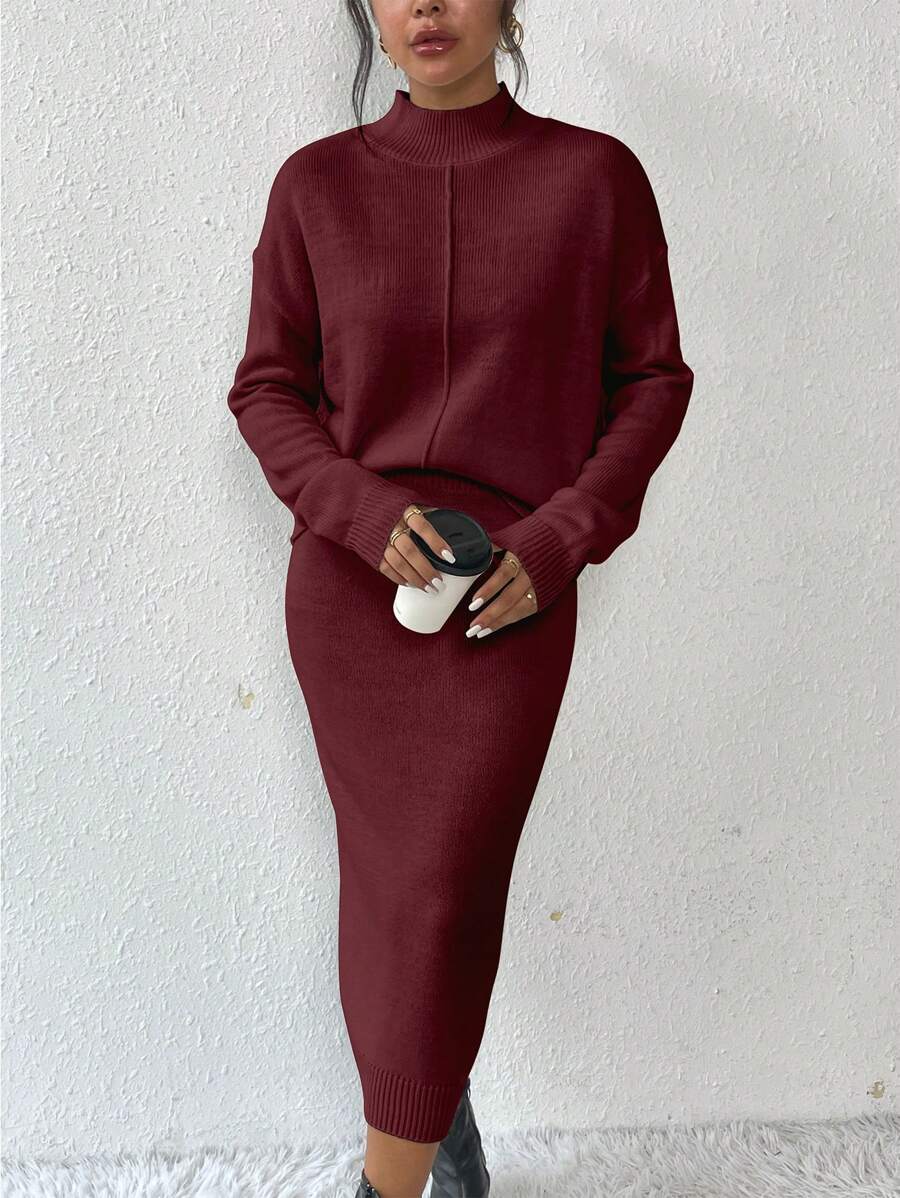 RosyDaze Conjunto de suéter holgado de cuello de capucha y falda de unicolor casual para mujer, otoño/invierno - Burdeos - Ver 1