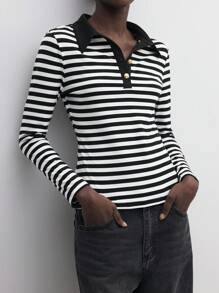 BizChic Striped Long Sleeve T-Shirt, Casual Fashion Commuter Tops, Elegant Thanksgiving & Christmas Clothing For Women - Black and White - View 2