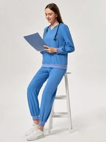 TaskEZ Conjunto de uniforme de pijama médico con parte superior de manga larga con capucha con cordón y pantalones con bolsillos