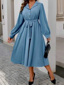 Celure Plus Size Women's Spring/Summer Long Sleeve Button Half Placket Casual Dress - Blue - View 4