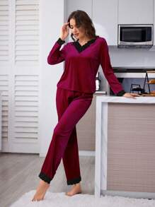 Women Elegant Pink Velvet Lace Trim Long Sleeve 2pcs Comfortable Lounge Set, Mommy And Me Matching Outfits (3 Sets Sold Separately) - Burgundy - View 4