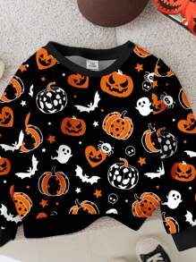 SHEIN Baby Boy Casual Minimalist Loose Fit Thermal Lined Knit Crew Neck Sweatshirt, Suitable For Autumn/Winter, Halloween Clothes - White - View 4