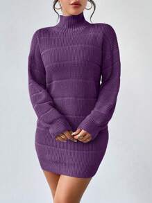 Chiquease 1 chiếc váy dệt kim mini cổ đứng màu trơn đơn giản, mùa thu/đông - Màu tím - Xem 4