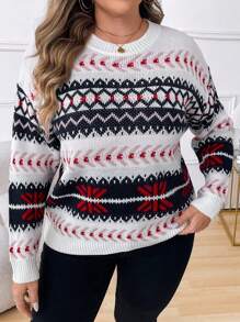 Calvaya 大码女式几何图案长袖休闲宽松套头毛衣，适合秋冬季