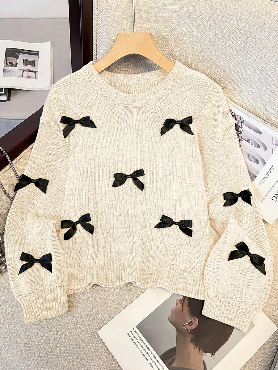 Tween Girls Loose Fit Crew Neck Pullover Sweater, Casual Yet Sweet With Bow Decor, Long Sleeve,In Fall/Winter - Apricot - View 1