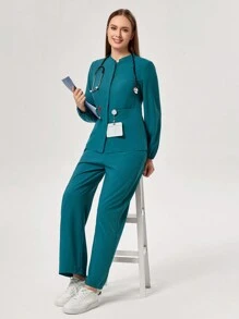 TaskEZ Solid Color Zipper Front Pocket Long Sleeve Top And Pants Nursing Scrub Uniform Set - Green - View 7