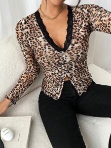 SHEIN Frenchy Women Casual Web-Eye Front Button Lace Patchwork Leopard Print V-Neck Long-Sleeved T-Shirt, Fall Leopard Top Winter Women Clothes Cheetah - Multicolor - View 6