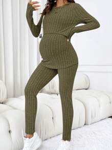 SHEIN 孕妇哺乳纯色修身长袖 T 恤和紧身裤套装，秋冬季 - 軍綠色 - 查看 4