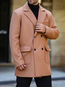 Manfinity Homme Men's Casual Solid Color Lapel Double-Breasted Coat, Autumn/Winter Going Out Warm Khaki Overcoat, For Friends, Husband, Boyfriend Gifts - Khaki - View 1
