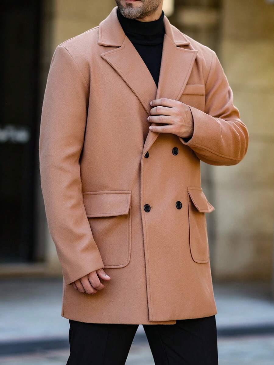 Manfinity Homme Men's Casual Solid Color Lapel Double-Breasted Coat, Autumn/Winter Going Out Warm Khaki Overcoat, For Friends, Husband, Boyfriend Gifts - Khaki - View 1