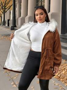 SHEIN EZwear Parka à capuche femme grande taille avec taille à cordon de serrage et bordure douce, automne/hiver