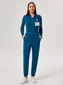 TaskEZ Women Simple Solid Button Half Placket Top And Pants Scrub Uniform Set - Teal Blue - View 3