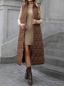 SHEIN LUNE Stand Collar Button Pants Vest Jacket, Casual Daily Wear Thermal - Coffee Brown - View 6