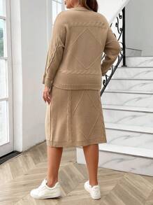 Calvaya Plus Size Women's Solid Color Simple Daily Wear Sweater & Long Skirt Set, Long Sleeve - Khaki - View 2