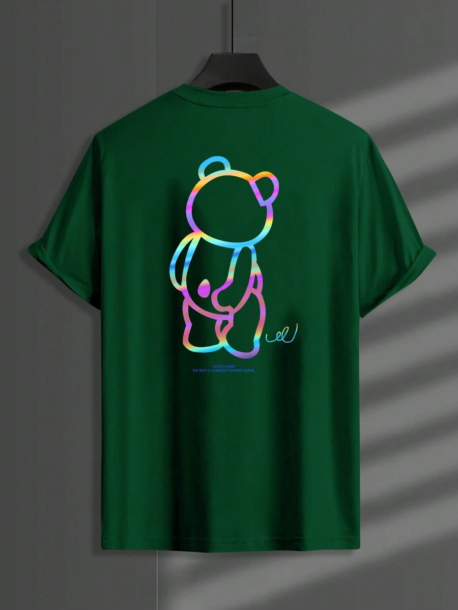 Manfinity EMRG 男士圆领短袖小熊印花简约休闲上衣 - 墨綠色 - 查看 1