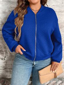 SHEIN LUNE Áo khoác cổ bóng chày trơn cỡ lớn cho mùa thu - Màu xanh lam - Xem 5