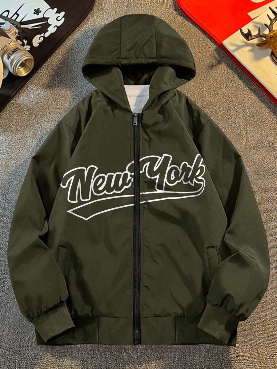 Manfinity Roghcode Men's Letter Print Pockets Hooded Zipper Up Long Sleeve Jacket - Army Green - View 1