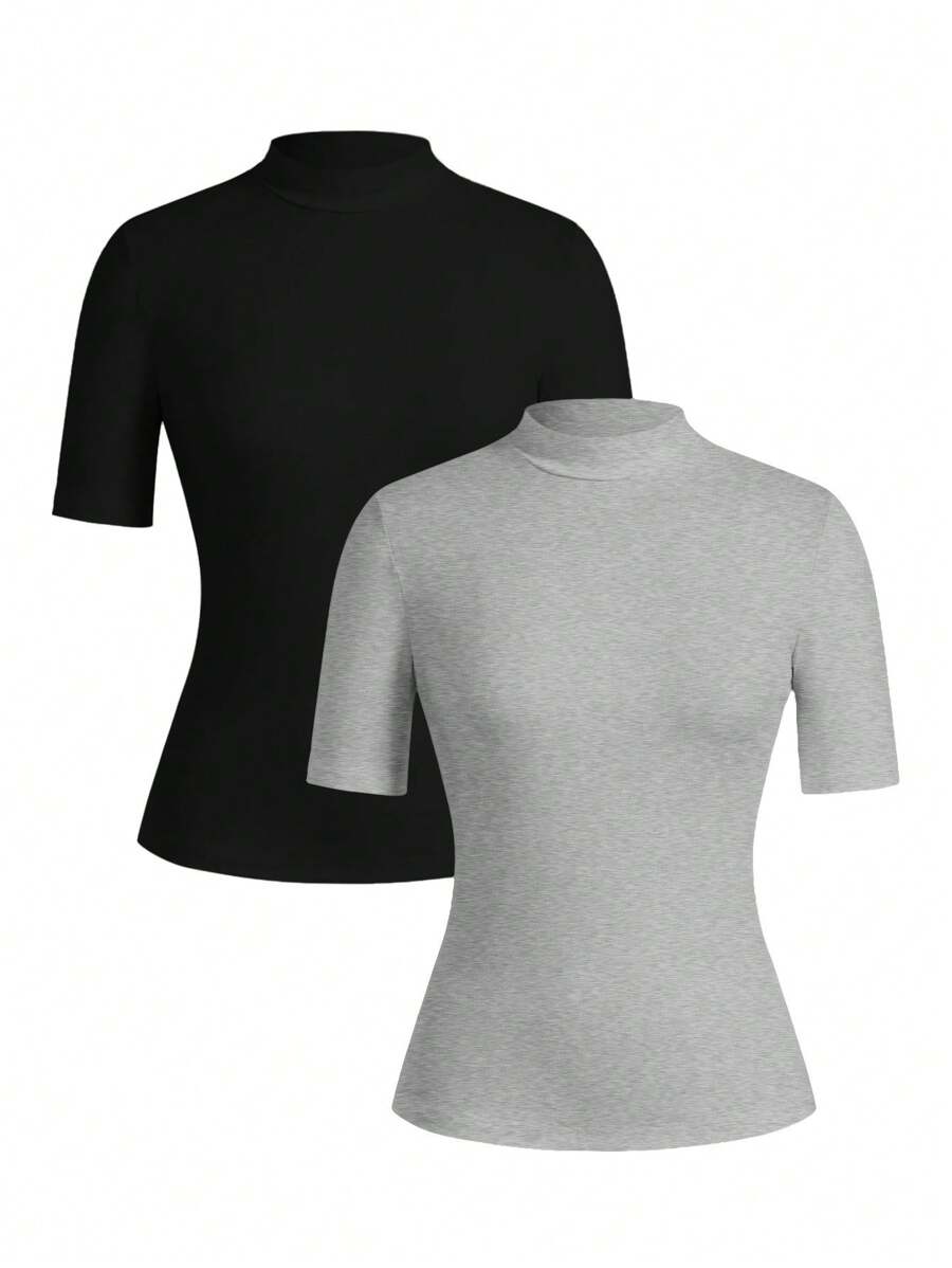 SHEIN EZwear Bộ 2 chiếc/Bộ đồ lót bó sát tay dài cổ lọ cho nữ, phù hợp cho mùa hè - Nhiều màu - Xem 1