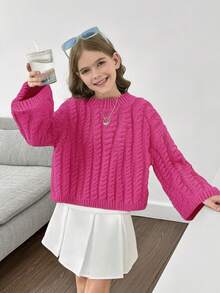 Jersey de punto con manga larga y cuello alto en unicolor fucsia para niñas preadolescentes, cálido para otoño e invierno - Rosa Fucsia - Ver 2