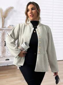 Plus Size Women's Single-Breasted Ruffled Hem Short Casual Jacket, Autumn/Winter Fall Cloth For Women - Light Grey - View 6