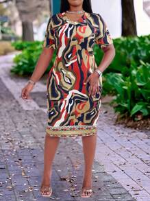 Breezaya 大码女式大理石印花 V 领短袖修身优雅连衣裙，适合新年服装 - 紅色 - 查看 4