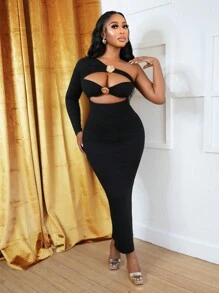 BamGleam Vestido maxi ajustado para mujer con hombro asimétrico, abertura, decoración floral 3D y plisado sexy