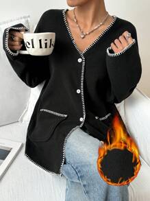 SHEIN EZwear Women's Contrast Stitching Fleece Knit Cardigan - Black - View 1