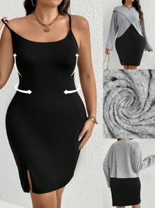 Calvaya Plus Size Asymmetrical Casual T-Shirt And Bodycon Cami Dress Set For Autumn - Multicolor - View 8