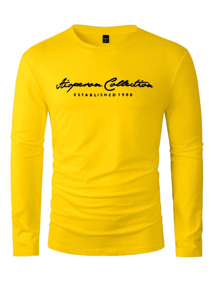 Manfinity Homme Men's Casual Letter Print Long Sleeve T-Shirt, Spring, For Fall - Yellow - View 1