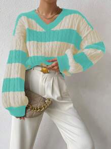 Chiquease Women Casual Two-Tone Striped V-Neck Loose Fit Cable Knit Pullover Sweater Knit Pullover Fall Winter Outfit