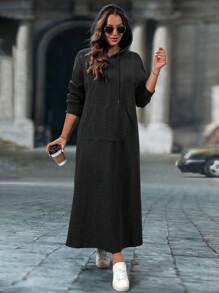 SHEIN LUNE 大码女式圣诞针织黑色常规休闲靴和长袖连帽运动衫，秋冬 - 黑色 - 查看 5