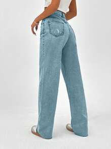 Cottnline 100%Cotton HIGH RISE STRAIGHT CUT RIPPED SNOW WASH WOMEN LIGHT BLUE JEAN - Light Wash - View 2