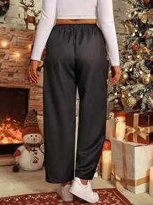 SHEIN LUNE Plus Size Casual Christmas Loose Black Pants - Black - View 2