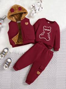 SHEIN 3-Piece Set: Baby Burgundy Cute Bear Graphic Long Sleeve Hoodie, Pants And Fleece Vest, Unisex - Burgundy - View 3