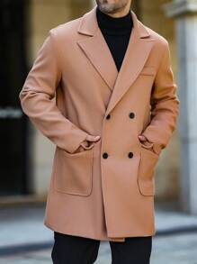 Manfinity Homme Men's Casual Solid Color Lapel Double-Breasted Coat, Autumn/Winter Going Out Warm Khaki Overcoat, For Friends, Husband, Boyfriend Gifts - Khaki - View 3