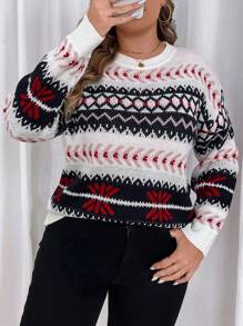 Calvaya 大码女式几何图案长袖休闲宽松套头毛衣，适合秋冬季