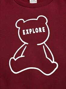 SHEIN 3-Piece Set: Baby Burgundy Cute Bear Graphic Long Sleeve Hoodie, Pants And Fleece Vest, Unisex - Burgundy - View 5