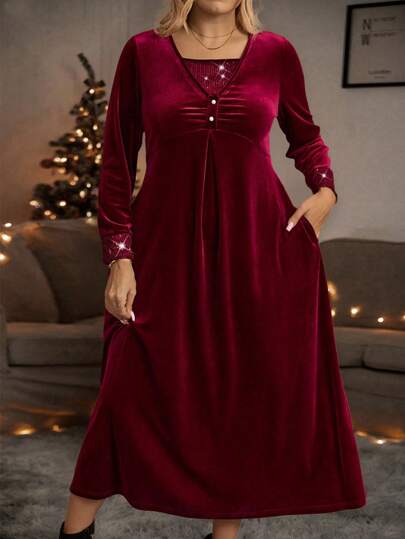 Plus Size Women Christmas Elegant Velvet Sequin Patchwork Dress, Autumn/Winter Burgundy Maxi Women Outfit