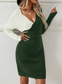 SHEIN LUNE 女士拼色 V 领优雅长袖针织毛衣连衣裙